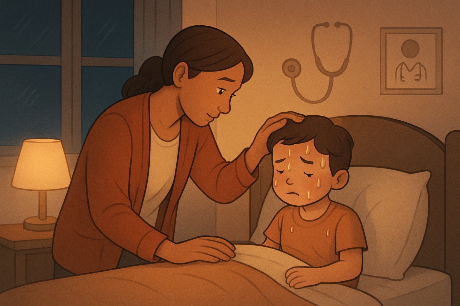 Bir çocuk gece yatakta terliyor, yanında endişeli bir ebeveyn çocuğuna bakıyor.