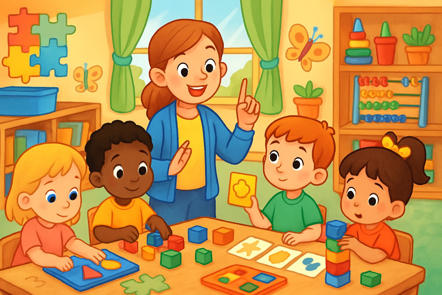 Dört yaşındaki çocukların bir sınıfta dikkat artırıcı oyunlar oynadığı, öğretmenlerinin onlara rehberlik ettiği bir sahne.