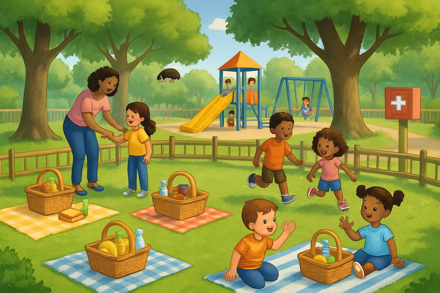 Çocukların güvenle piknik yaptığı, yeşil çimenlerle çevrili, ağaçlarla gölgelenmiş bir parkta oyun oynayan çocuklar ve yetişkinler.