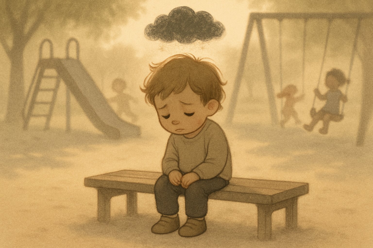 Parkta yalnız oturan üzgün küçük çocuk, etrafında diğer çocuklar oynuyor.