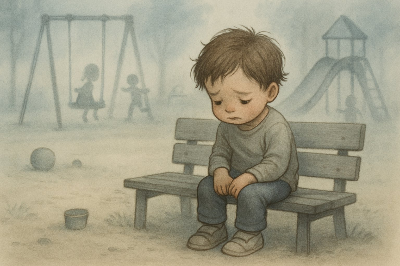 Parkta yalnız oturan, üzgün ve içine kapanık küçük bir çocuk, çevresinde oynayan diğer çocukların siluetleriyle birlikte.