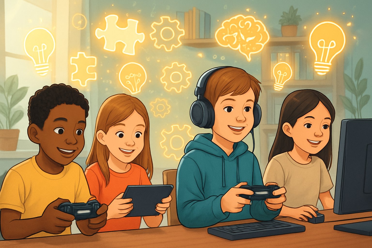 Farklı etnik kökenlerden çocuklar, çeşitli cihazlarda video oyunları oynarken problem çözme simgeleri etraflarında görünür.