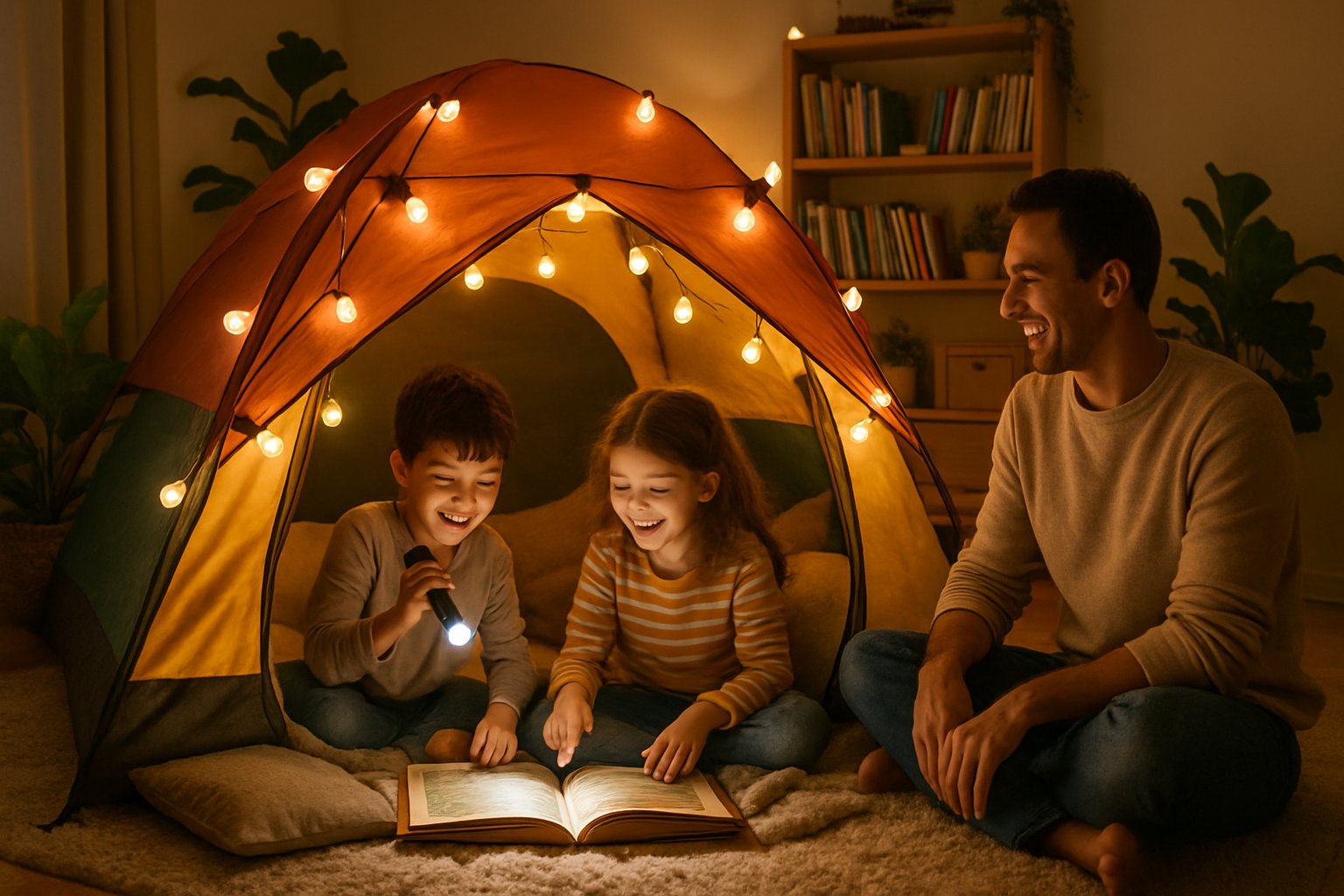 Evin salonunda kurulmuş bir çadırda oyun oynayan çocuklar ve onları izleyen bir yetişkin.