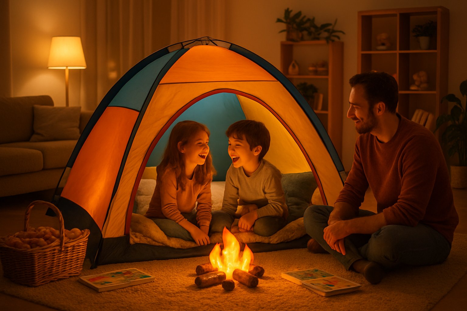 Evin salonunda kurulan çadırda oynayan çocuklar ve onları izleyen bir ebeveyn, etraflarında kamp malzemeleri ve sıcak bir ortam.