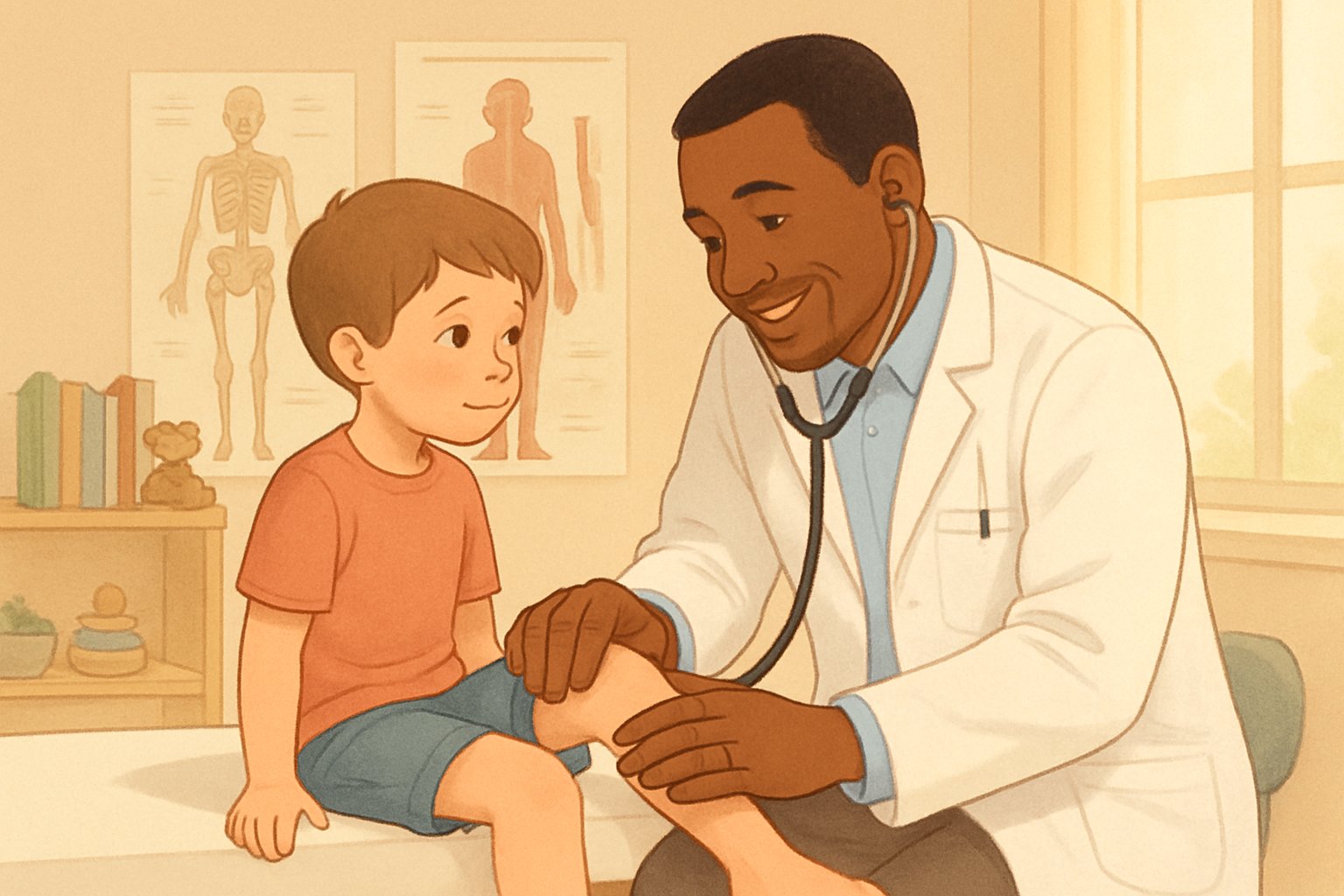 Bir çocuk doktoru, muayene odasında bir çocuğun dizini nazikçe muayene ediyor.
