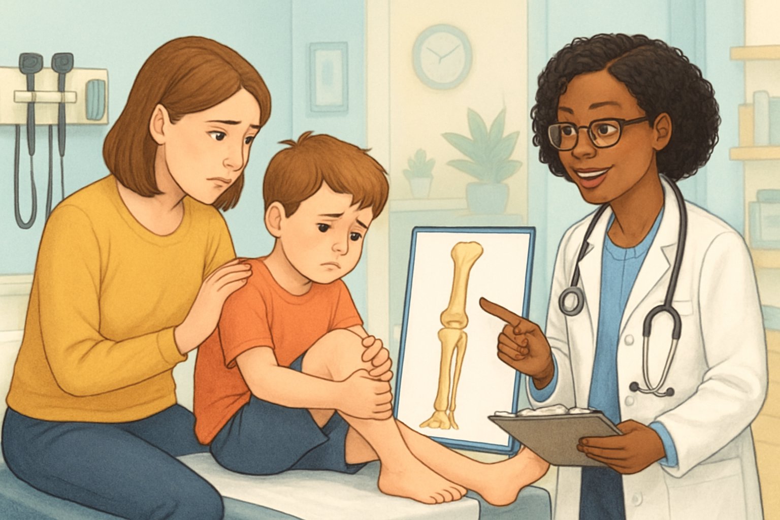 Bir çocuk muayene masasında oturuyor, bacağını tutuyor, yanında ebeveyn ve çocuk doktoru bulunuyor.
