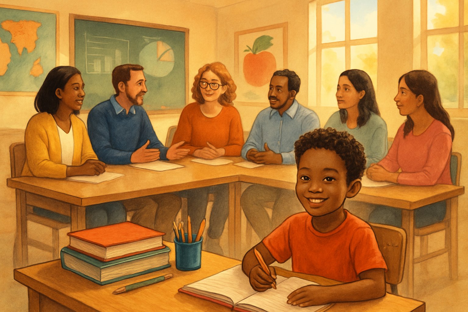 Bir sınıfta öğretmenler ve ebeveynler birlikte oturuyor, çocuk masada odaklanmış ve mutlu görünüyor.