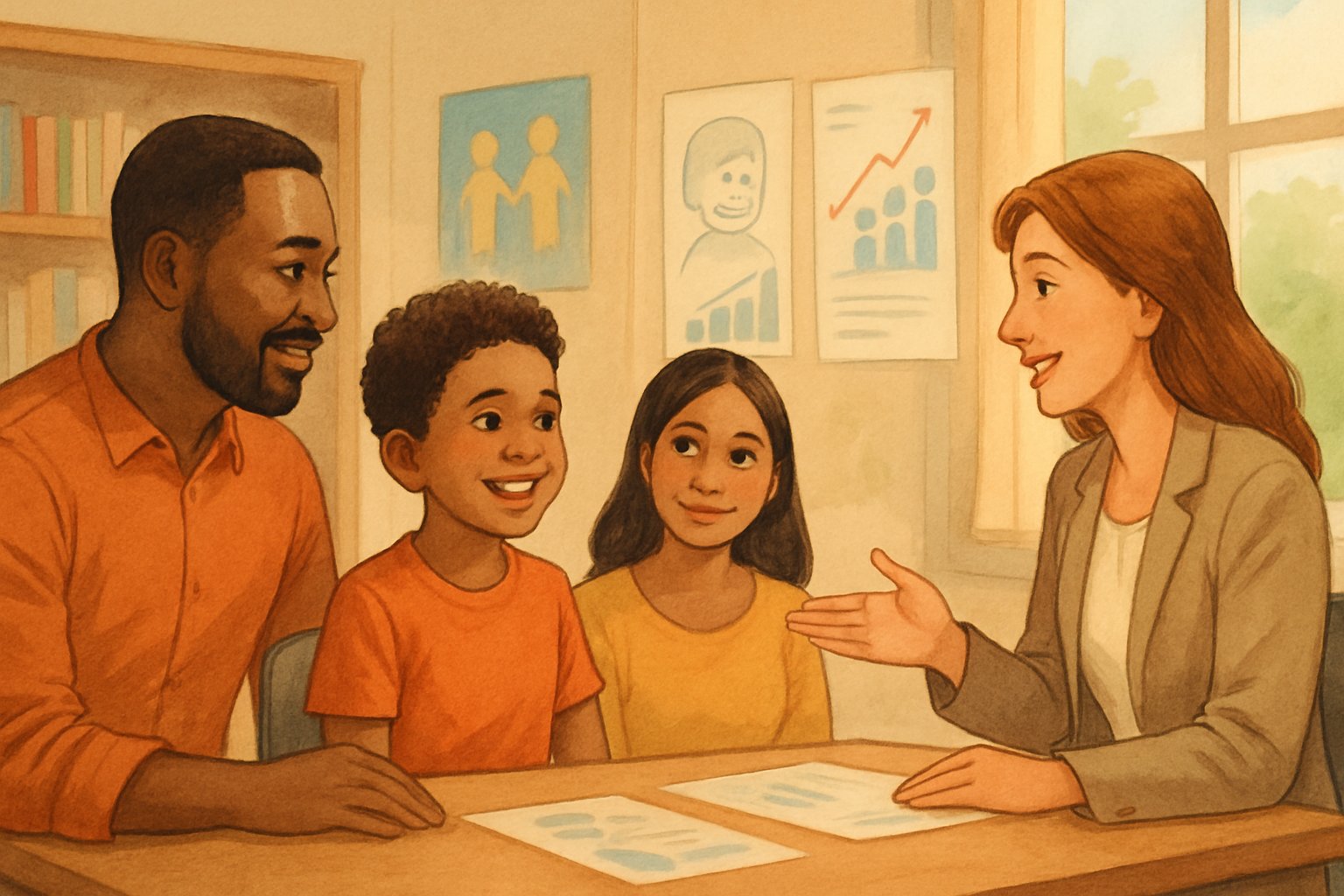 Bir aile, okulda öğretmenle birlikte çocuğun gelişimi hakkında olumlu bir görüşme yapıyor.