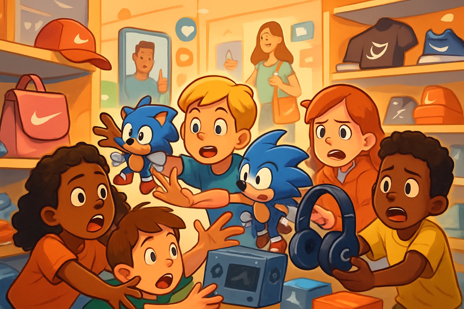 Çeşitli çocukların renkli markalı ürünlere uzandığı, mağaza ortamında marka takıntısı ve tüketim çılgınlığını gösteren bir sahne.