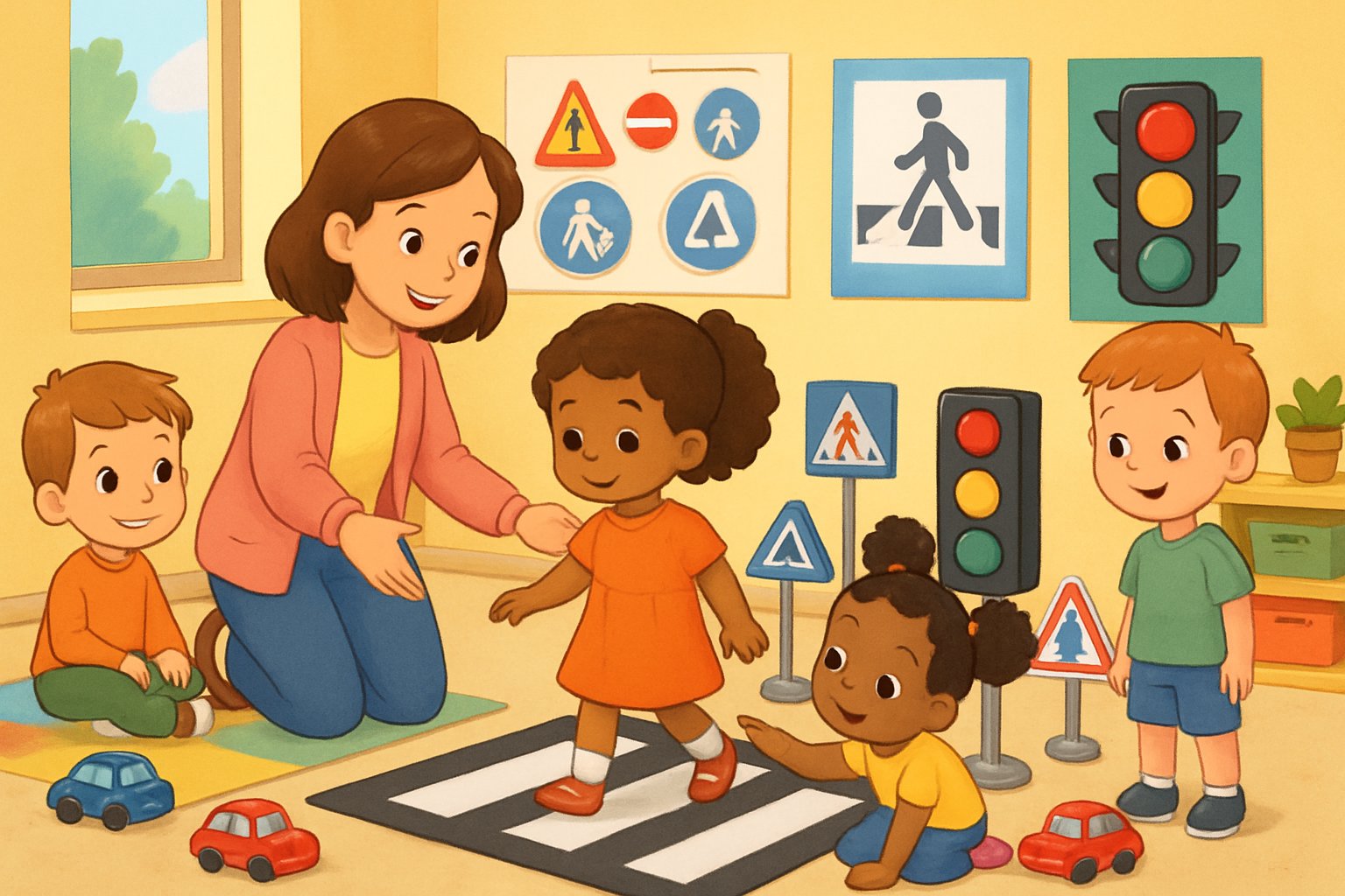 Okul öncesi çocukların trafik kurallarını oyunla öğrendiği, öğretmenin rehberlik ettiği sınıf ortamı.