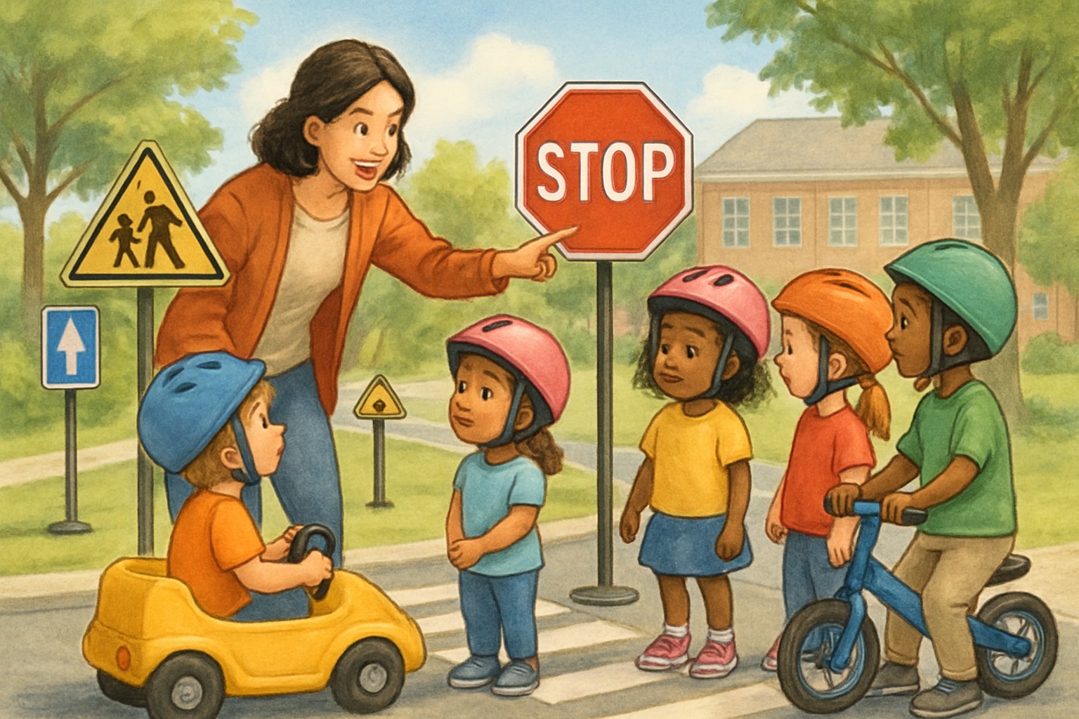 Okul öncesi çocuklar, öğretmenleri eşliğinde dış mekanda trafik işaretlerini ve yaya geçidini öğreniyor.