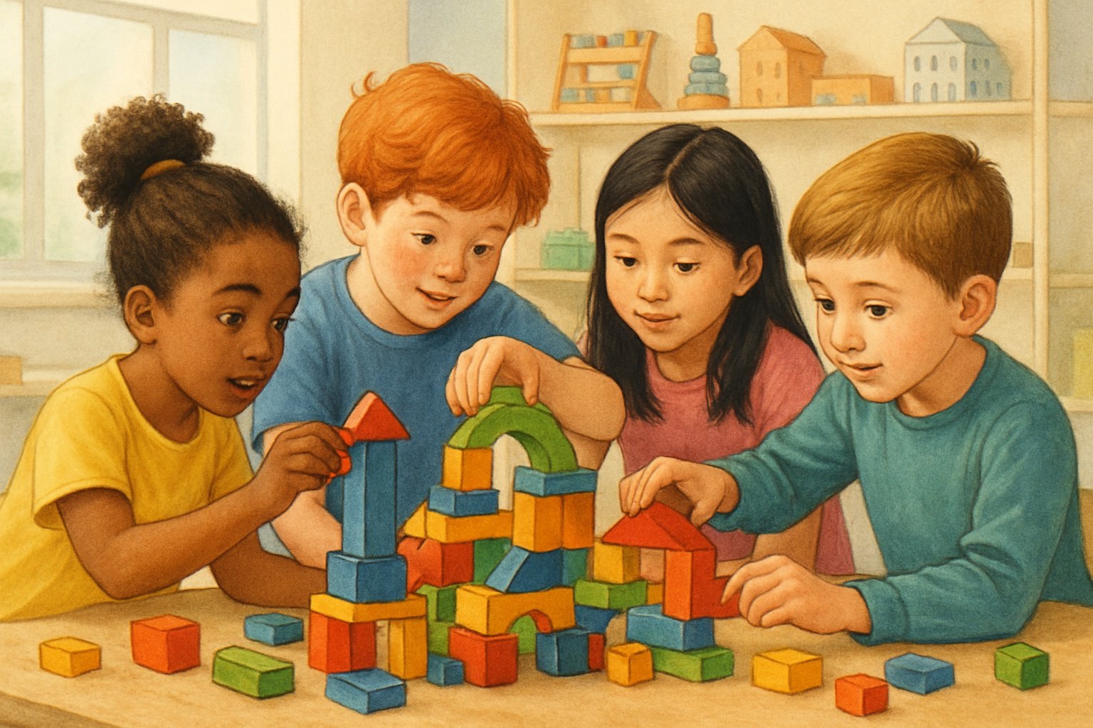 Çocuklar renkli bloklarla birlikte yapı inşa ediyor.