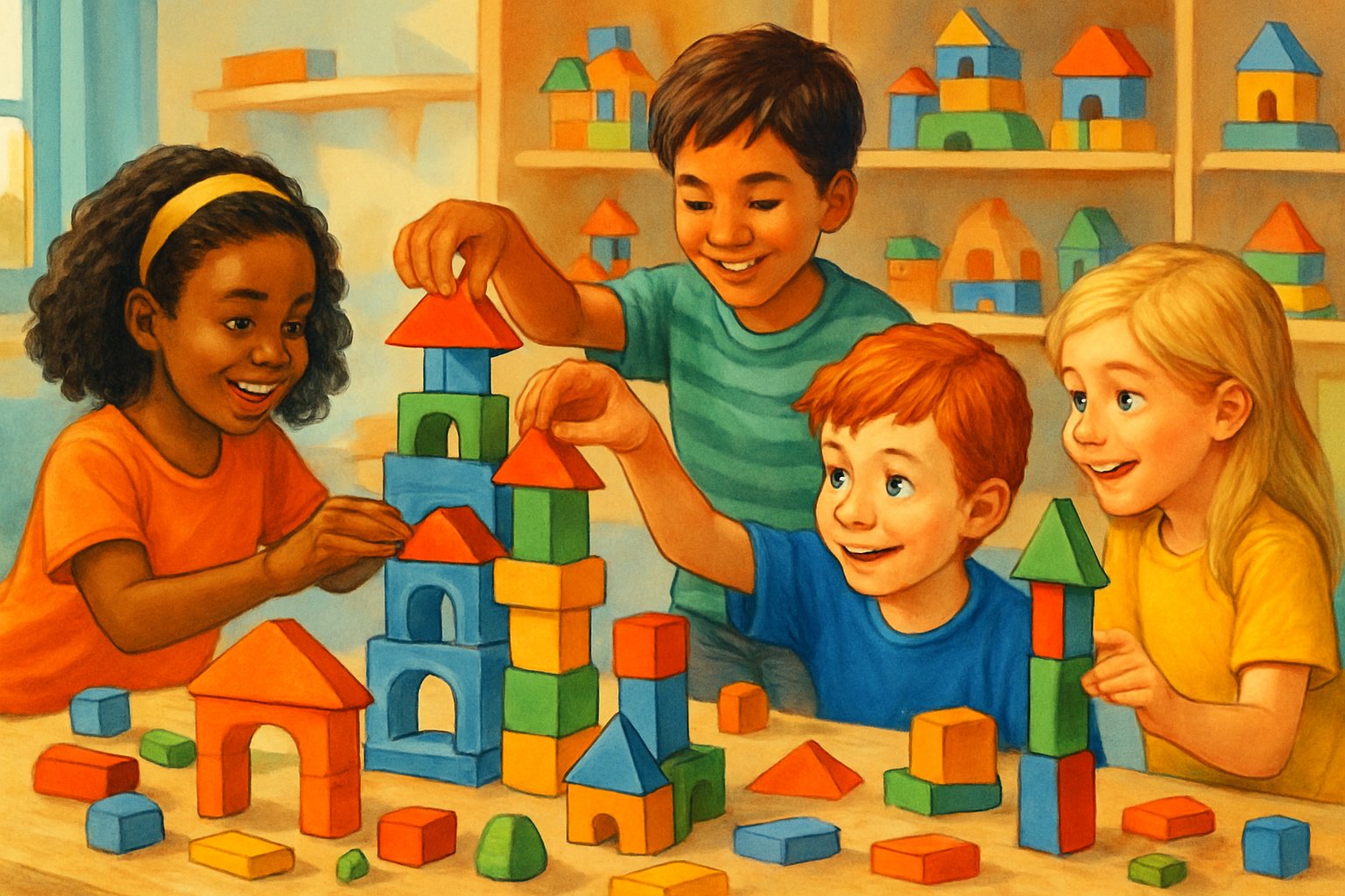 Çocukların renkli bloklarla yapı inşa ettiği, birlikte oynadıkları bir iç mekan sahnesi.