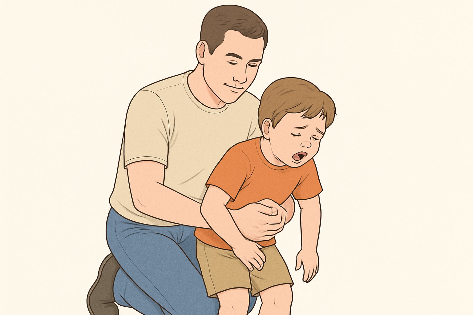 Bir yetişkinin, boğazına cisim kaçan bir çocuğa Heimlich manevrasını uyguladığı sahne.