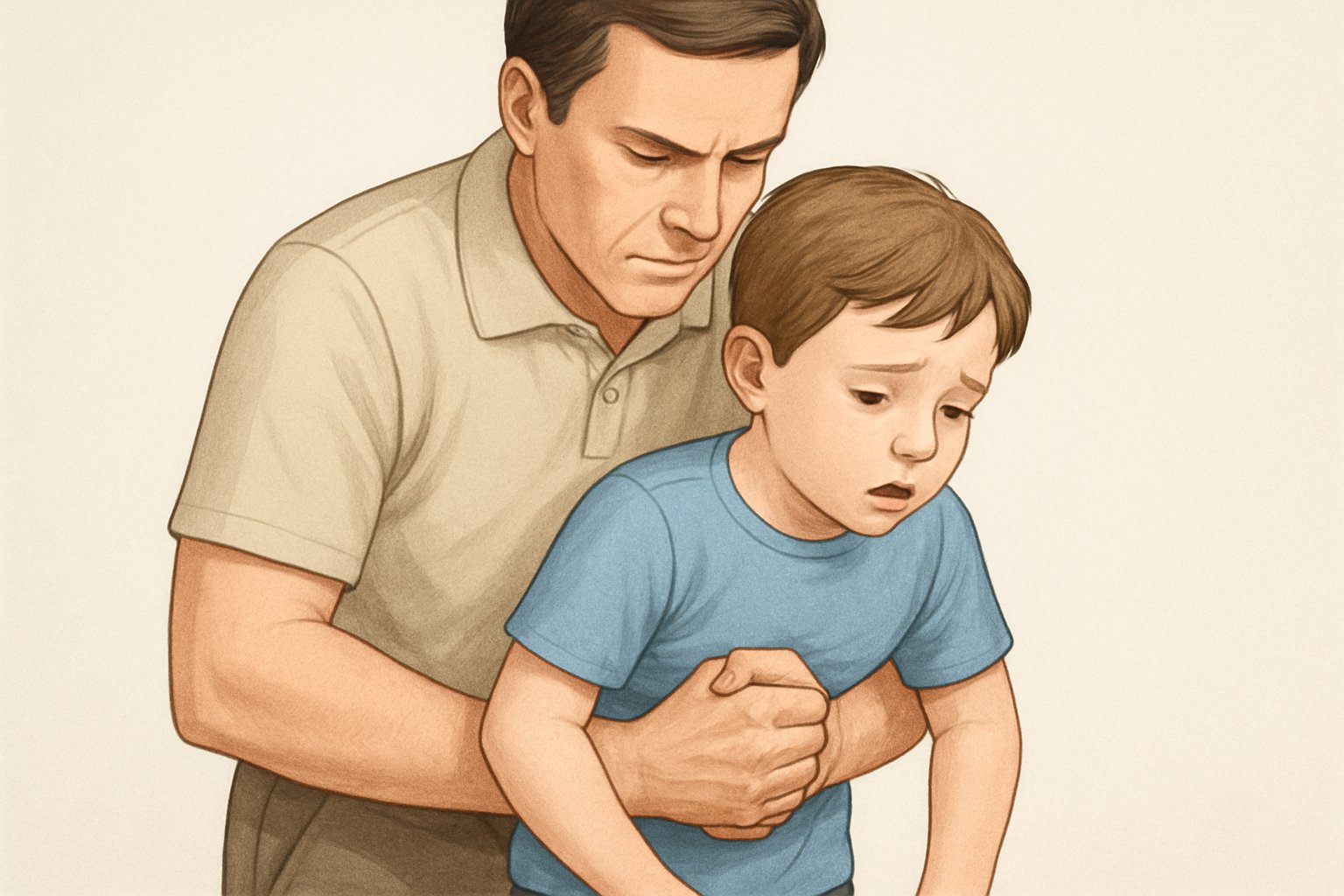 Bir yetişkin, boğazına cisim kaçan bir çocuğa Heimlich manevrası uygulamak üzere çocuğun karnının üst kısmına ellerini doğru şekilde yerleştiriyor.