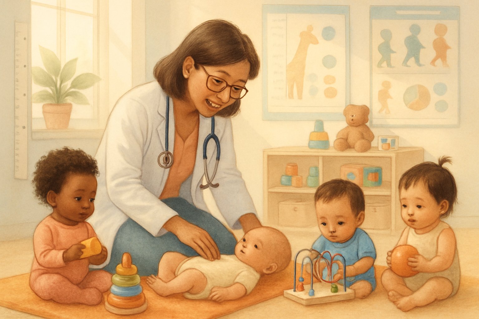 Prematüre bebeklerin okul öncesi gelişim takibinin yapıldığı, çocuklarla ilgilenen bir uzmanın olduğu sıcak ve aydınlık bir klinik ortamı.