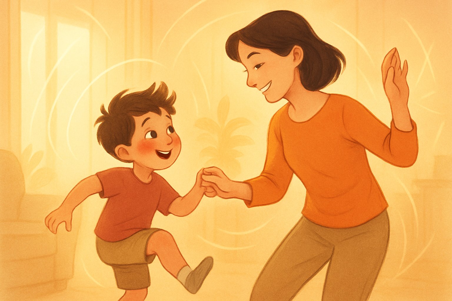 Bir ebeveyn ve çocuk birlikte dans ediyor, gülümsüyor ve göz teması kuruyorlar.