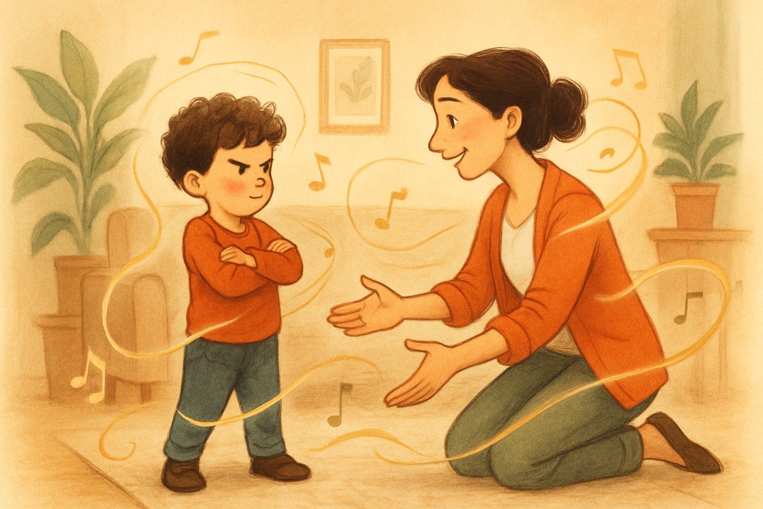 Bir ebeveyn ve çocuk, ev ortamında birbirlerine sevgiyle bakıyor; çocuk kollarını çapraz yapmış, ebeveyn ise açık kollarla yaklaşarak iletişim kuruyor.