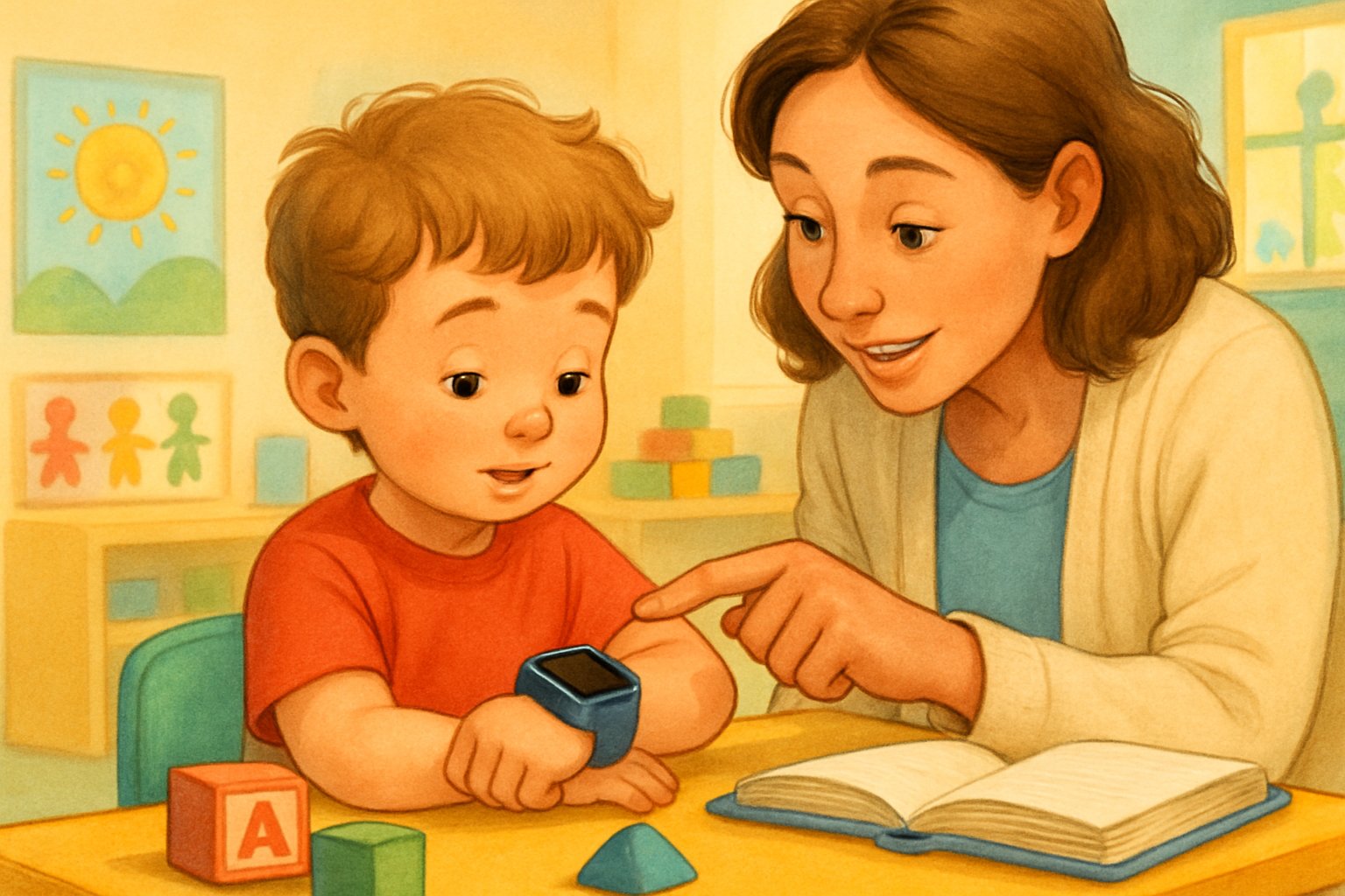 Bir okul öncesi çocuğu, bileğinde akıllı saat takarken, yanında bir yetişkin onunla akıllı saati inceliyor.