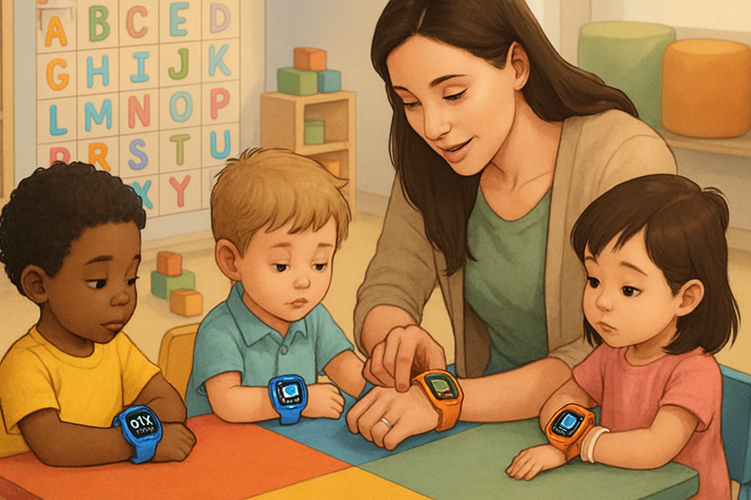 Okul öncesi yaşta çocukların öğretmen eşliğinde akıllı saatleri kullanarak eğitim aldıkları bir sınıf ortamı.