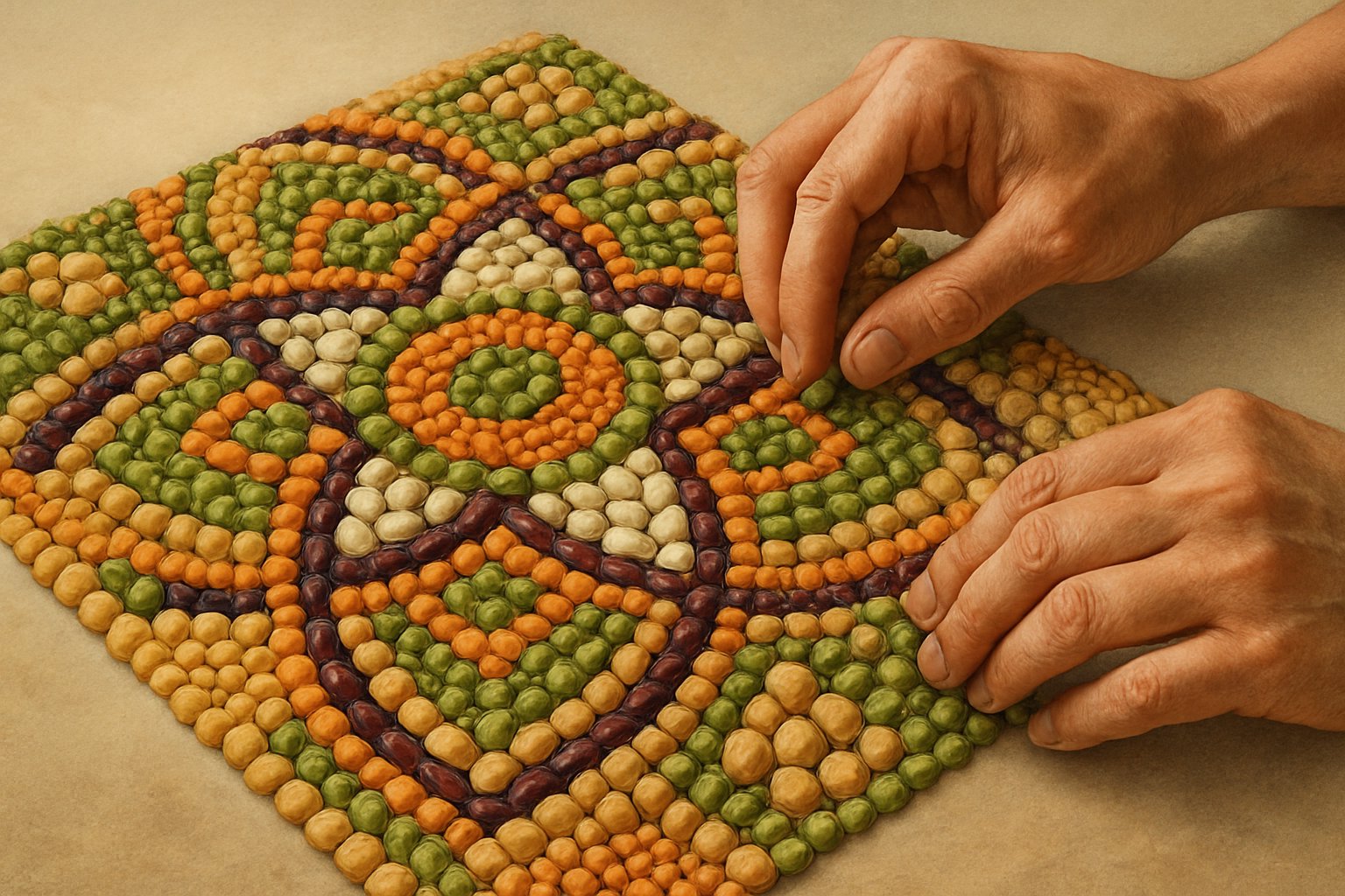 Farklı bakliyatlarla yapılmış detaylı mozaik çalışması ve mozaik üzerinde çalışan eller.