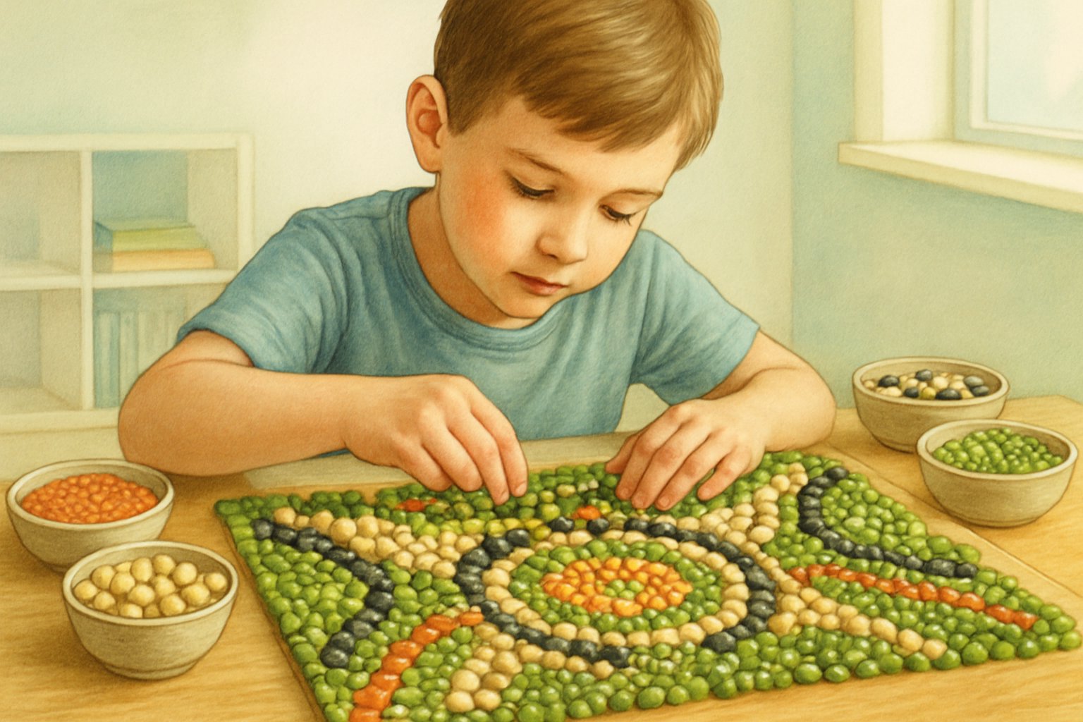 Çocuk, farklı bakliyatlarla mozaik yaparak ince motor becerilerini geliştiriyor.