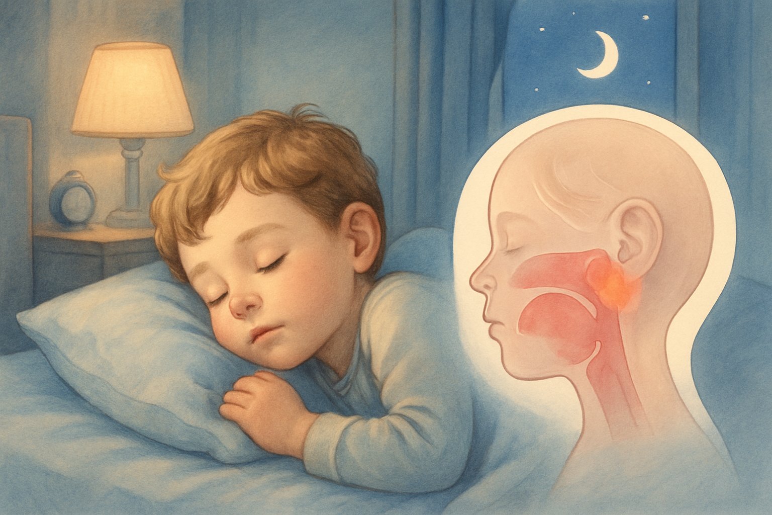 Uyuyan bir çocuk ve geniz eti bölgesini gösteren hafif şeffaf bir anatomik çizim.