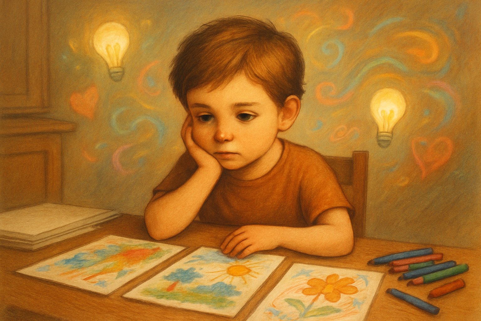 Bir masa başında oturan ve önünde renkli çizimler bulunan bir çocuk, çizimlere merakla bakıyor.