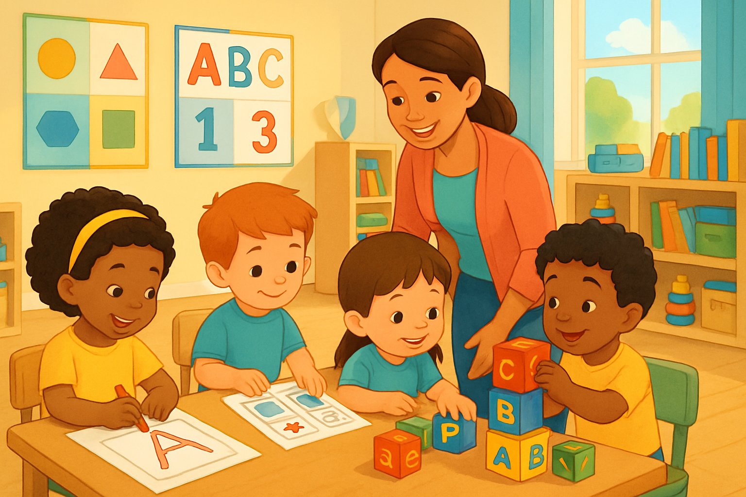 Okul öncesi sınıfta çeşitli okuma yazma öncesi etkinliklerle meşgul olan çocuklar ve onları yönlendiren öğretmen.