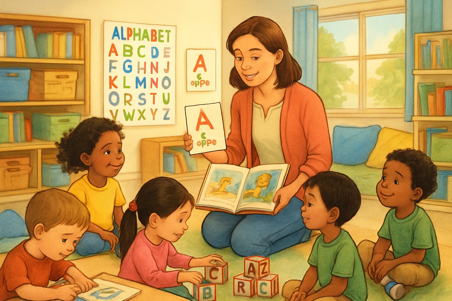 Okuma yazmaya hazırlık yapan küçük çocukların öğretmen eşliğinde sınıfta çeşitli harf ve yazı etkinlikleri yaptığı bir sahne.