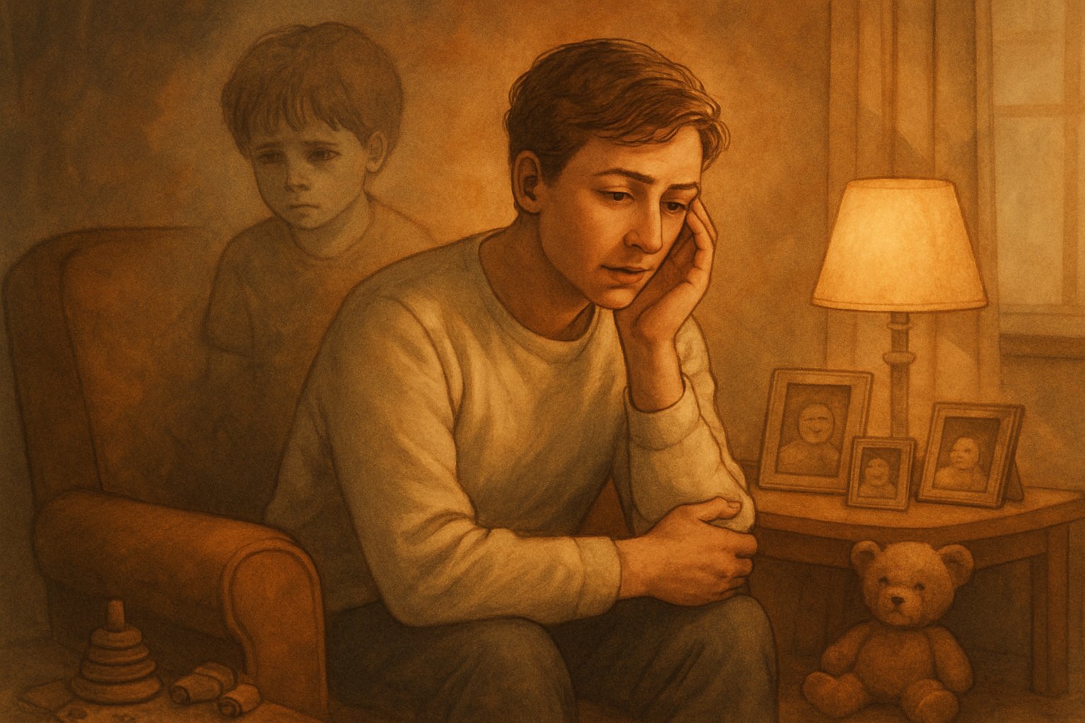 Bir ebeveyn, çocukluk travmalarıyla yüzleşirken düşünceli bir şekilde oturuyor, arka planda çocukluk anılarını simgeleyen soluk bir çocuk figürü görünüyor.