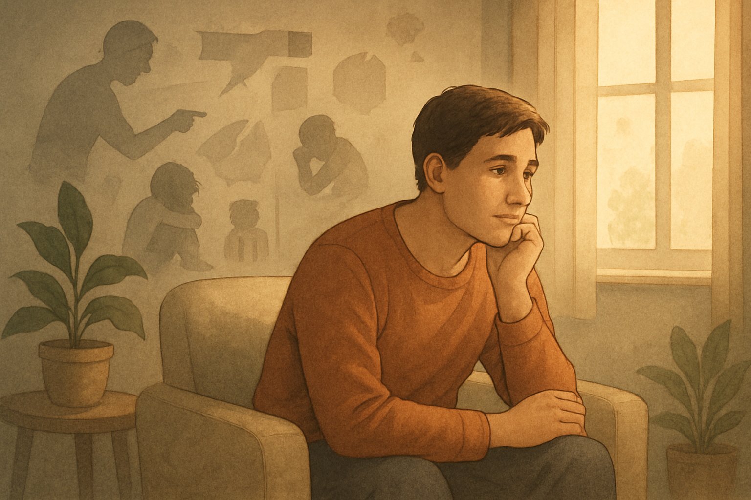 Bir ebeveynin çocukluk travmalarıyla yüzleşirken düşünceli bir şekilde oturduğu sakin bir oda.