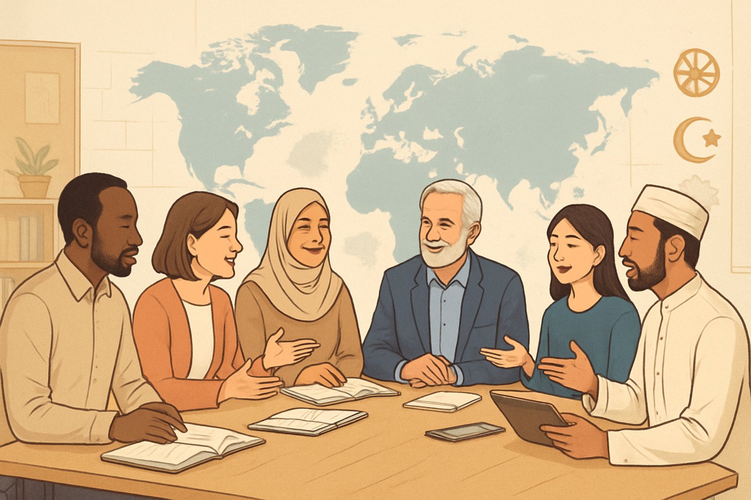 Çeşitli kültürel geçmişlere sahip insanların birlikte saygılı ve işbirlikçi bir şekilde tartıştığı sınıf ortamı.