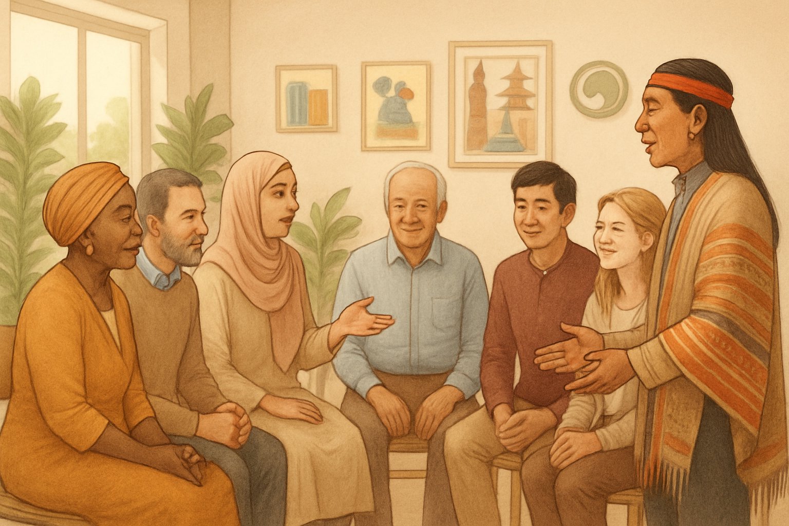 Farklı kültürlerden insanların bir arada saygılı ve anlayışlı bir şekilde sohbet ettiği bir topluluk ortamı.