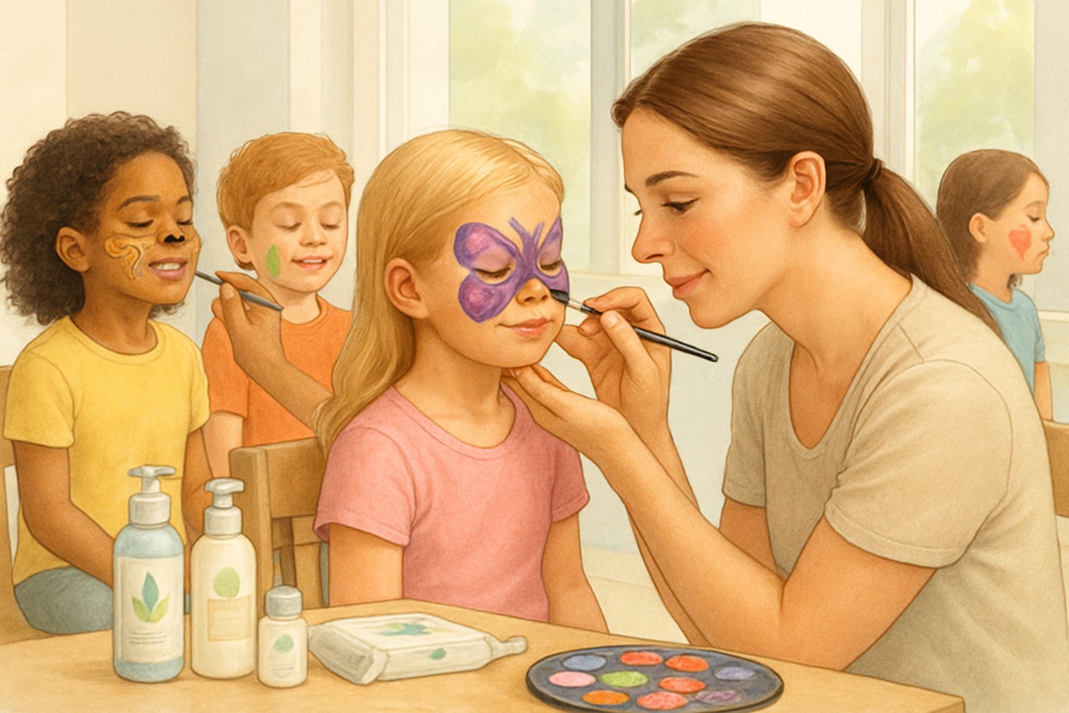 Yüz boyama etkinliği yapan çocuklar ve cilt sağlığına dikkat eden bir ortam.
