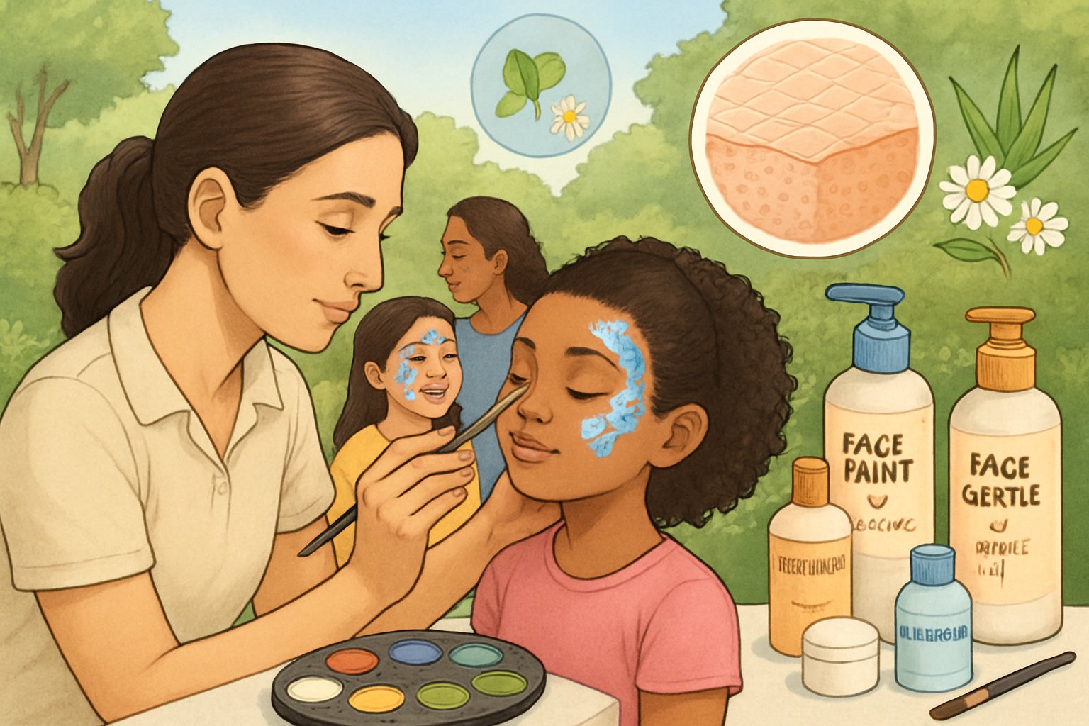 Çocuklara ve yetişkinlere yüz boyama uygulanan, cilt sağlığına dikkat edilen bir yüz boyama etkinliği sahnesi.