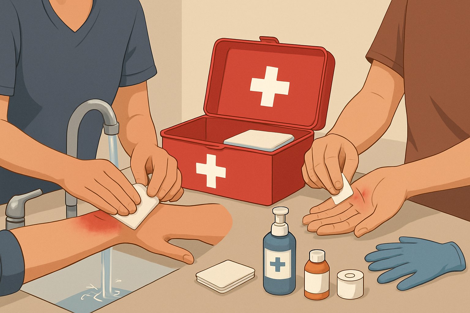 Bir kişinin kolundaki yanığa steril gazlı bez uygulanıyor, başka bir kişi elindeki kesiği dezenfektanla temizliyor.