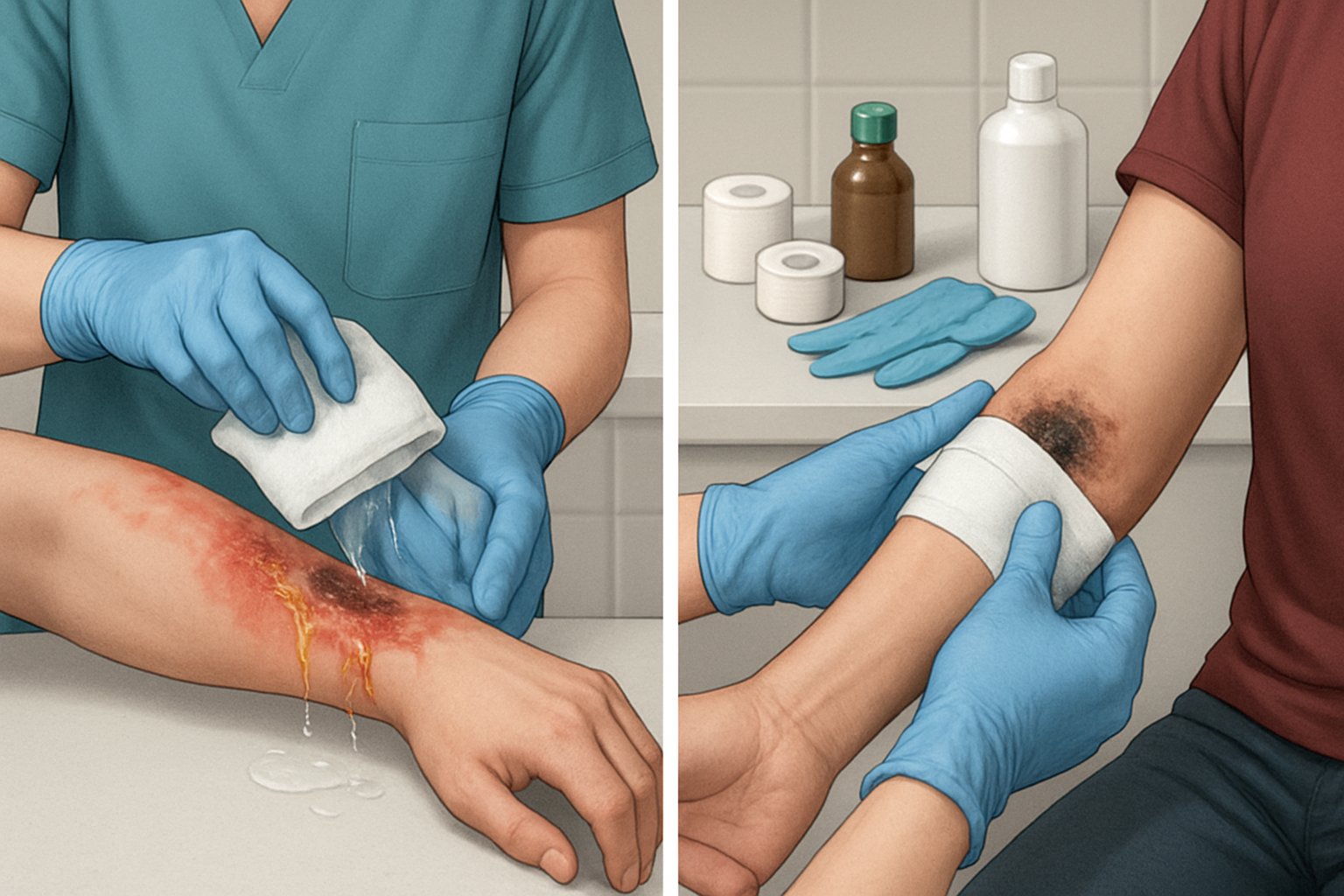 Bir sağlık çalışanı, kimyasal ve elektrik yanıklarını tedavi ederken bir hastanın koluna ilk yardım uyguluyor.