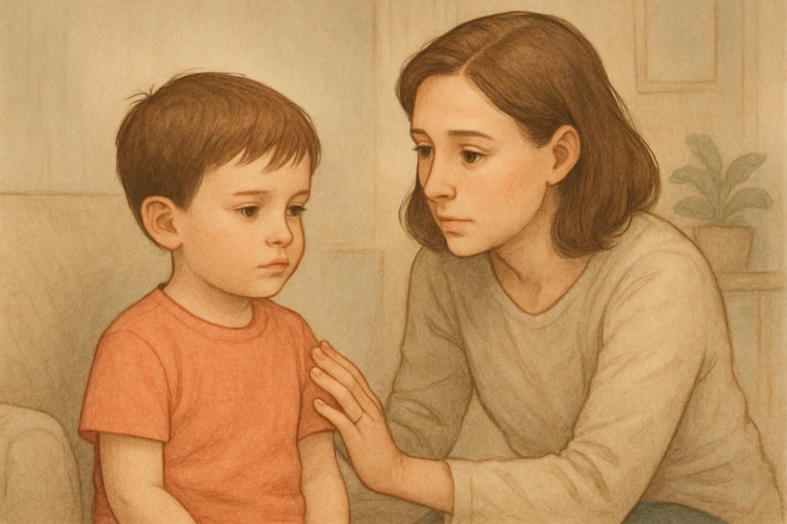 Endişeli bir ebeveyn, göz teması kurmayan küçük bir çocukla ev ortamında oturuyor.