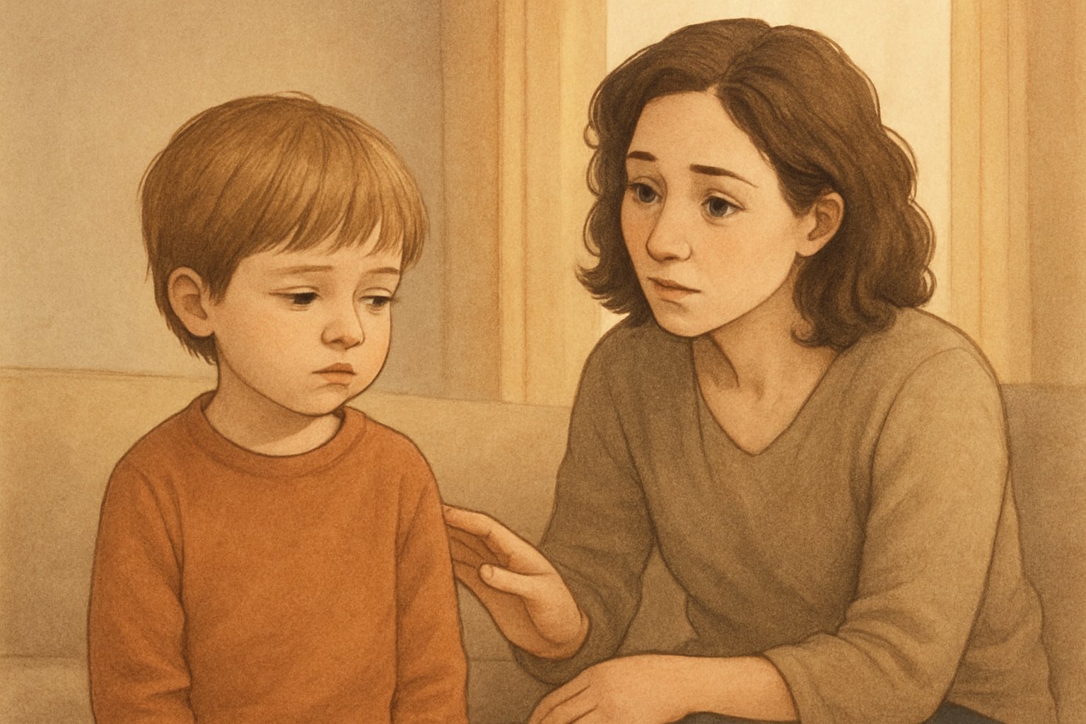 Bir çocuk ve ebeveyn ev ortamında oturuyor, çocuk göz teması kurmuyor, ebeveyn endişeli ama nazik bir şekilde çocuğa bakıyor.