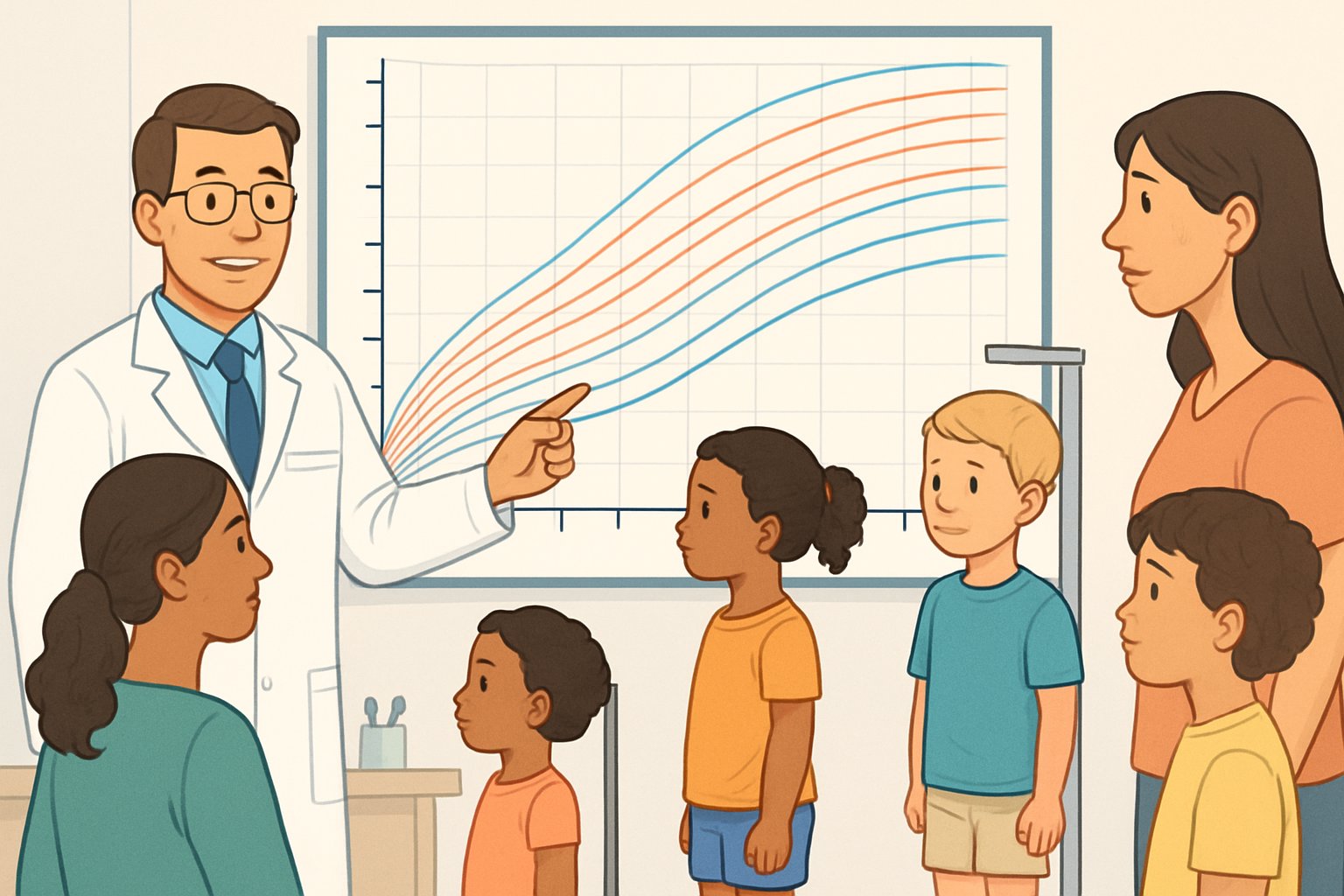 Bir çocuk doktoru, duvarda boy ve kilo persentil eğrilerini gösteren büyük bir grafik önünde, farklı yaşlardan çocuklar ve ebeveynler ile birlikte duruyor.