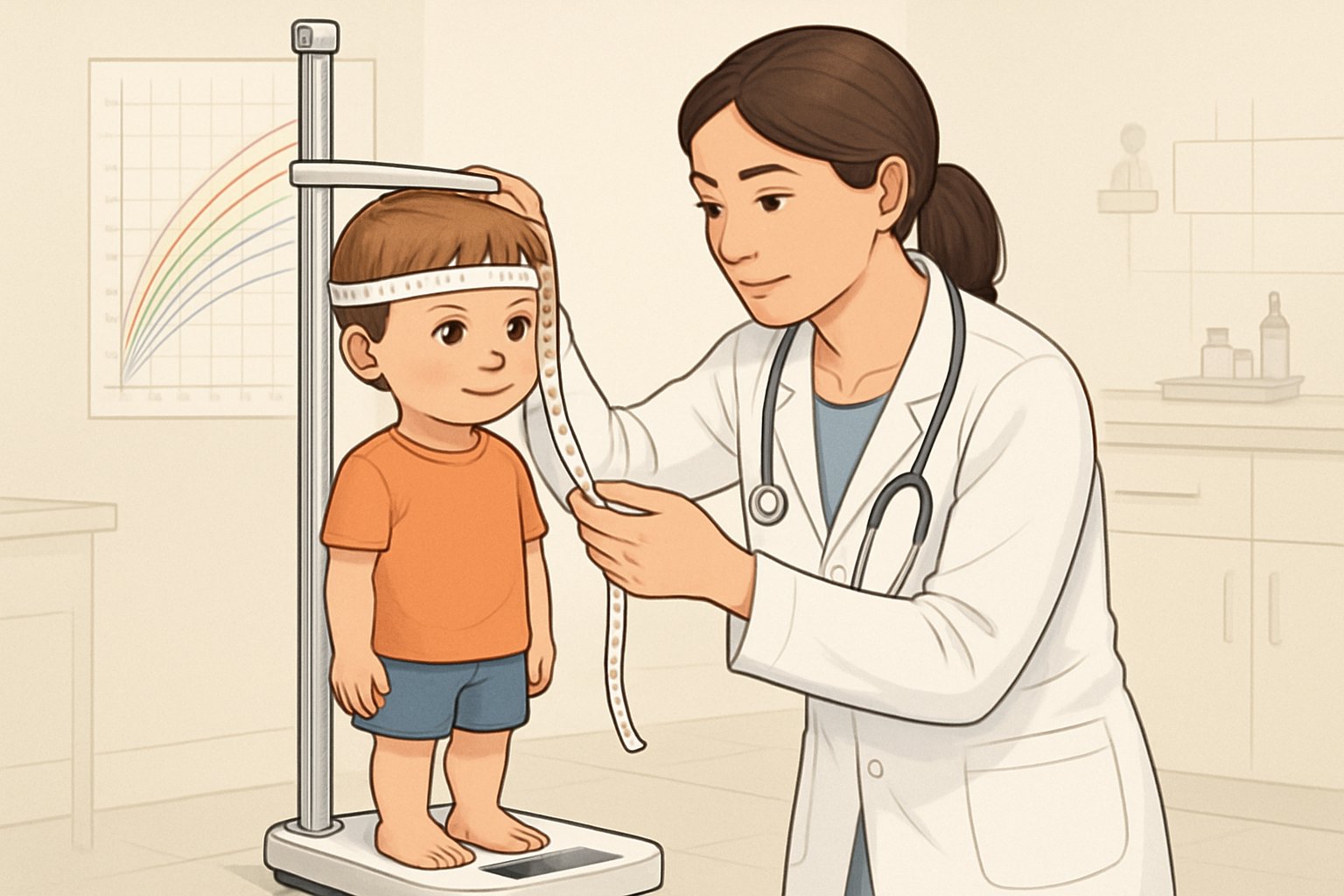 Bir çocuk, bir sağlık çalışanı tarafından boyu, kilosu ve baş çevresi ölçülürken gösteriliyor.