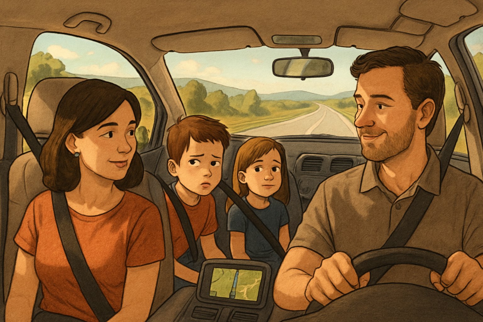Bir araba içinde uzun yolculuk yapan bir aile, çocuklardan biri sabırsızca dışarıya bakıyor.
