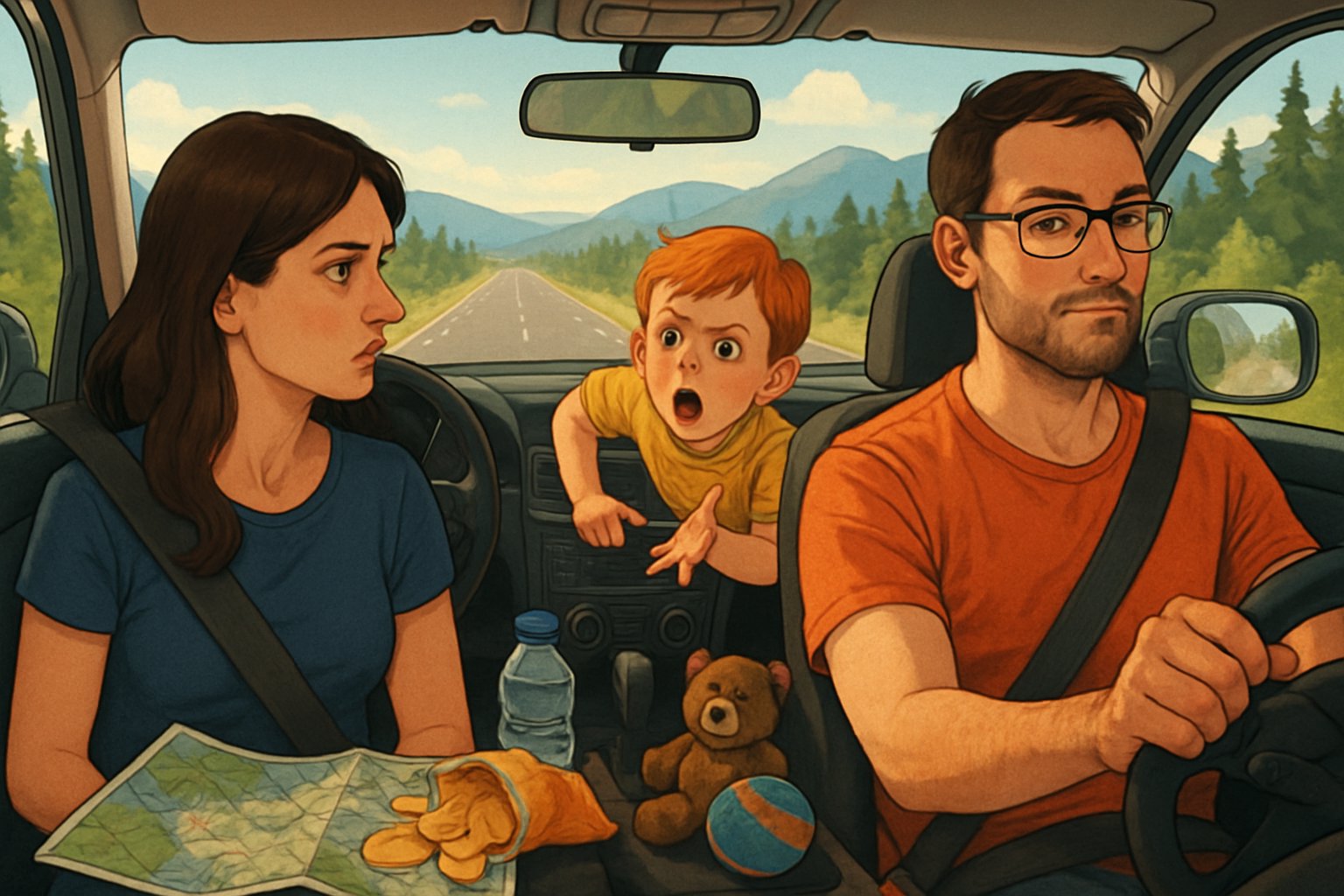 Uzun yolculuk yapan bir aile arabada, çocuk sabırsız bir şekilde soruyor, ebeveyn dikkatle arabayı kullanıyor.