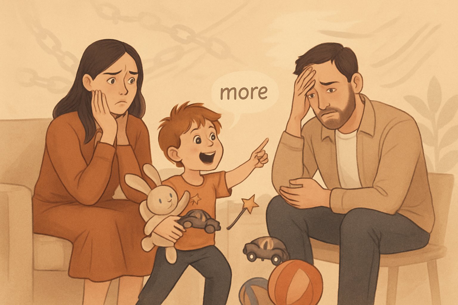 Bir çocuk, oyuncaklarla ebeveynlerinden daha fazlasını isterken ebeveynler tereddütlü ve endişeli görünmektedir.