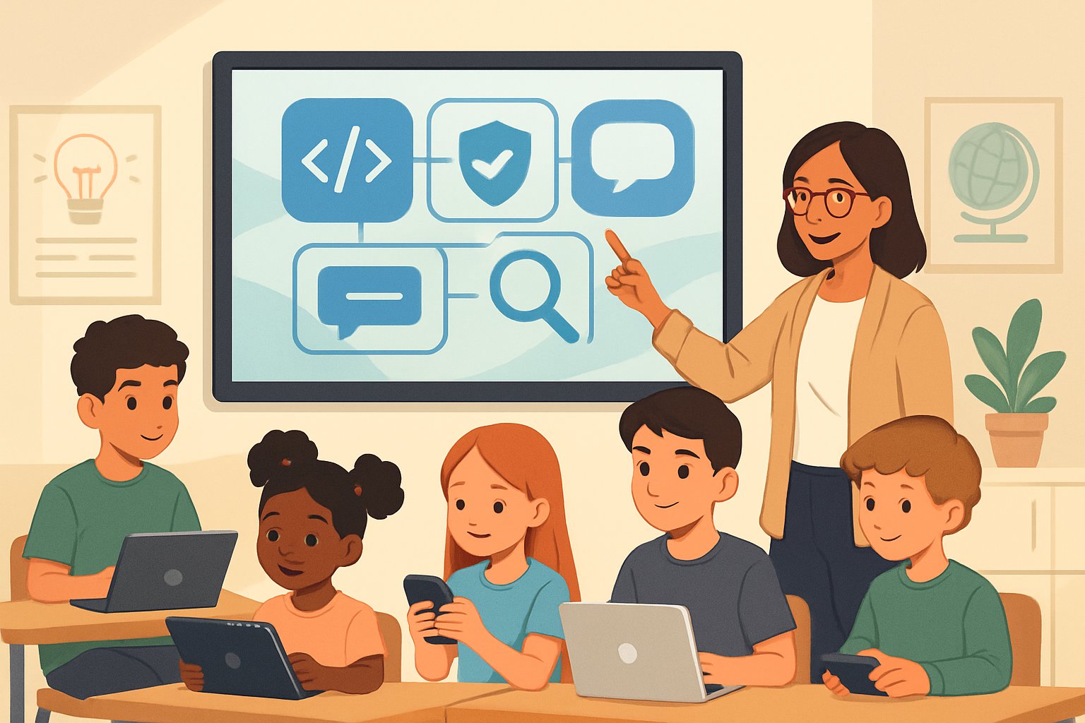 Farklı yaşlardaki çocukların dijital cihazlarla eğitim aldığı, öğretmenin rehberlik ettiği modern bir sınıf ortamı.