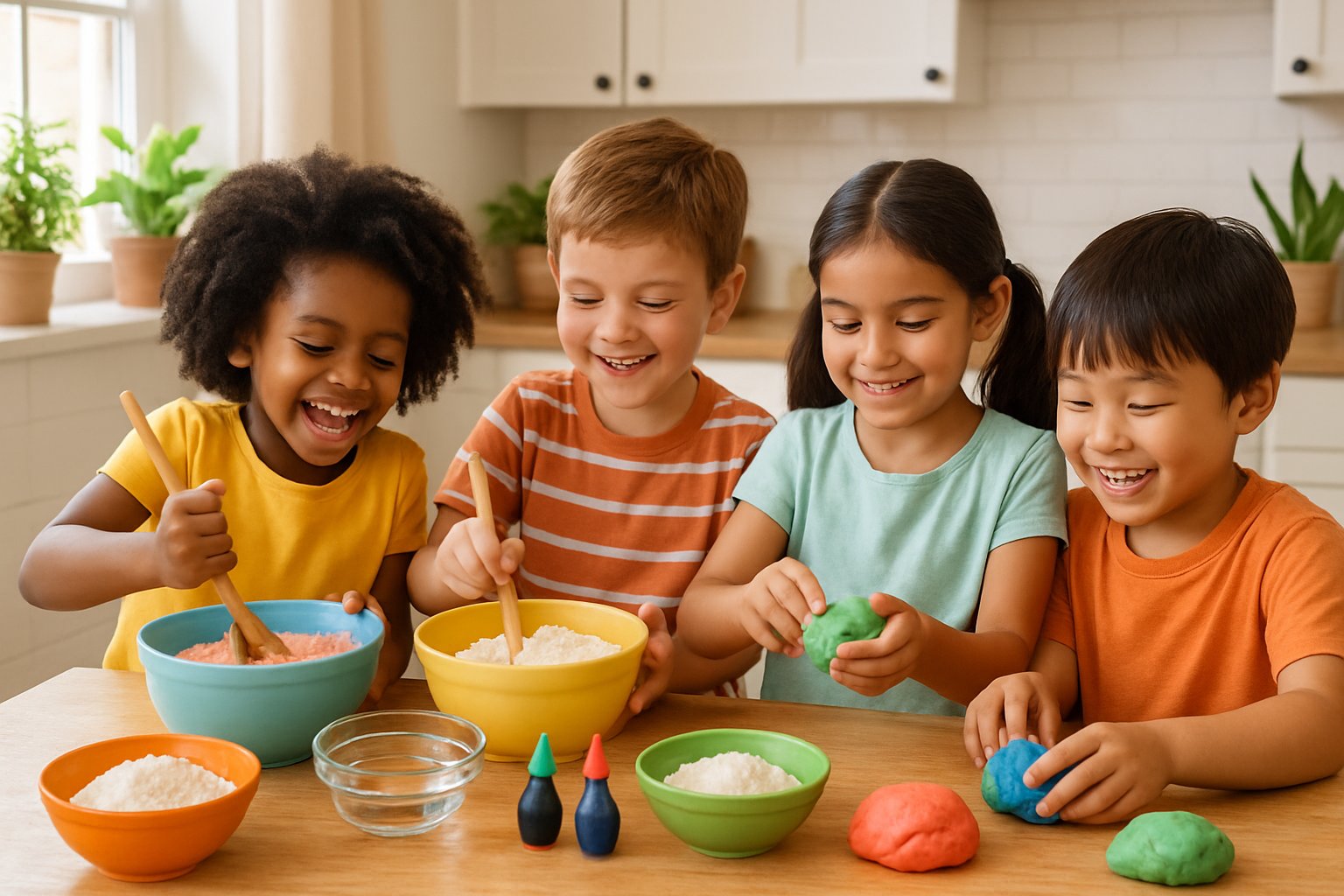 Çocuklar mutfakta ev yapımı oyun hamuru yapıyor, renkli malzemelerle oynuyorlar.
