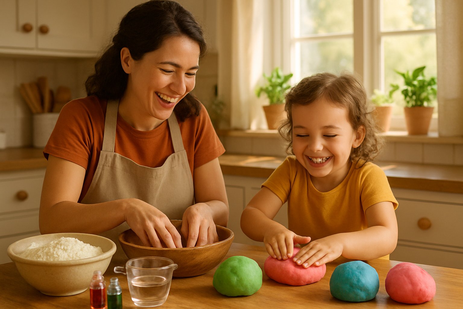 Bir çocuk ve ebeveyn mutfakta ev yapımı oyun hamuru yapıyor, çocuk renkli hamuru şekillendiriyor.