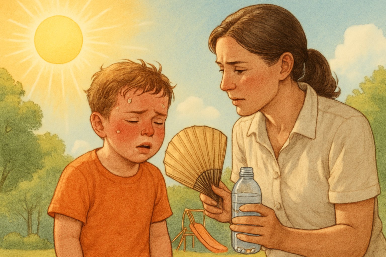 Güneşli bir günde, yorgun ve terlemiş bir çocuğa su veren ve yelpaze tutan bir yetişkin.