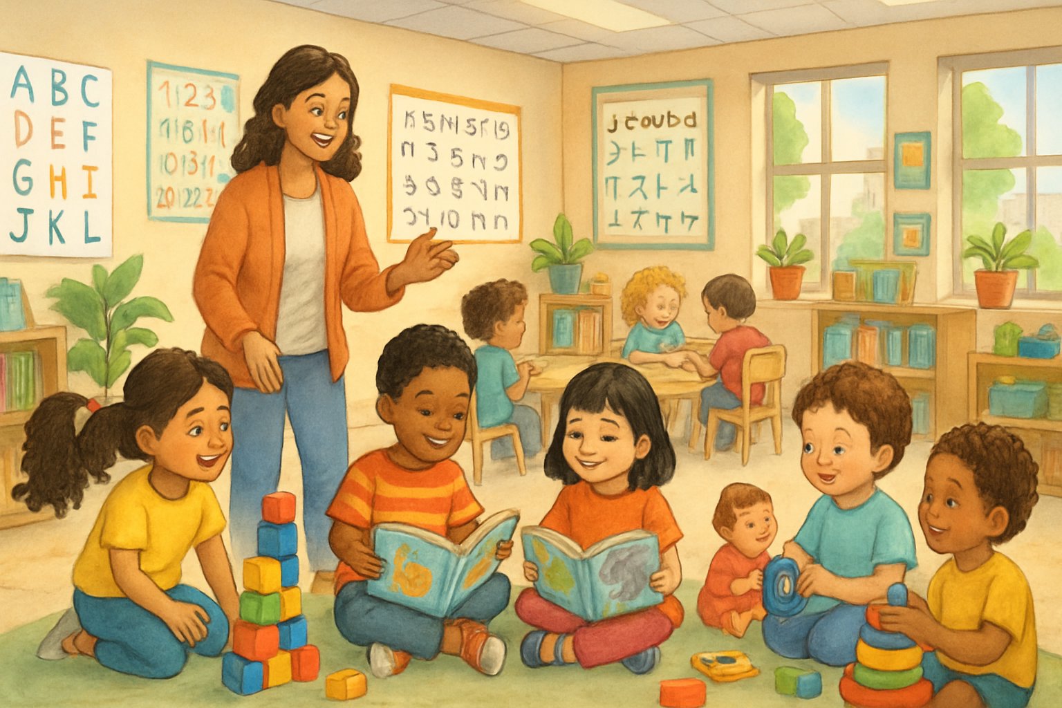 İki dilli anaokulunda çocuklar öğretmenleriyle birlikte oyun oynuyor ve öğreniyor.